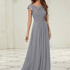 Ever Pretty elegant Maxi Long Lace Cap Sleeve dress- Gray- Size L